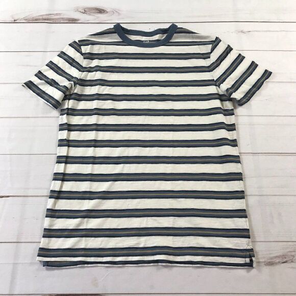 GAP Men White and Gray Stripes Basic Tee Shirt Medium - Picture 1 of 6